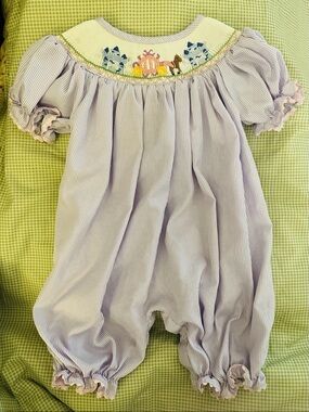 Light Lavender Smocked Baby Bubble Romper with Pastel Embroidery